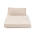Beige ribbed corduroy lumbar cushion and matching seat pad on modern chaise lounge for living room decor