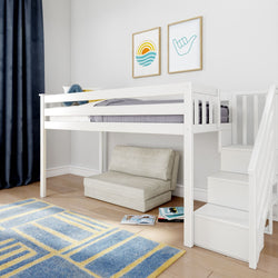 White wooden loft bed with staircase and under-bed reading nook, beige floor cushion, books and blue-yellow rug in modern kids' bedroom