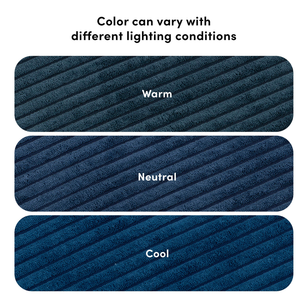 Three fabric swatches labeled warm, neutral, and cool, demonstrating color variations under different lighting conditions.