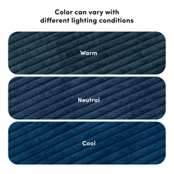 Three fabric swatches labeled warm, neutral, and cool, demonstrating color variations under different lighting conditions.