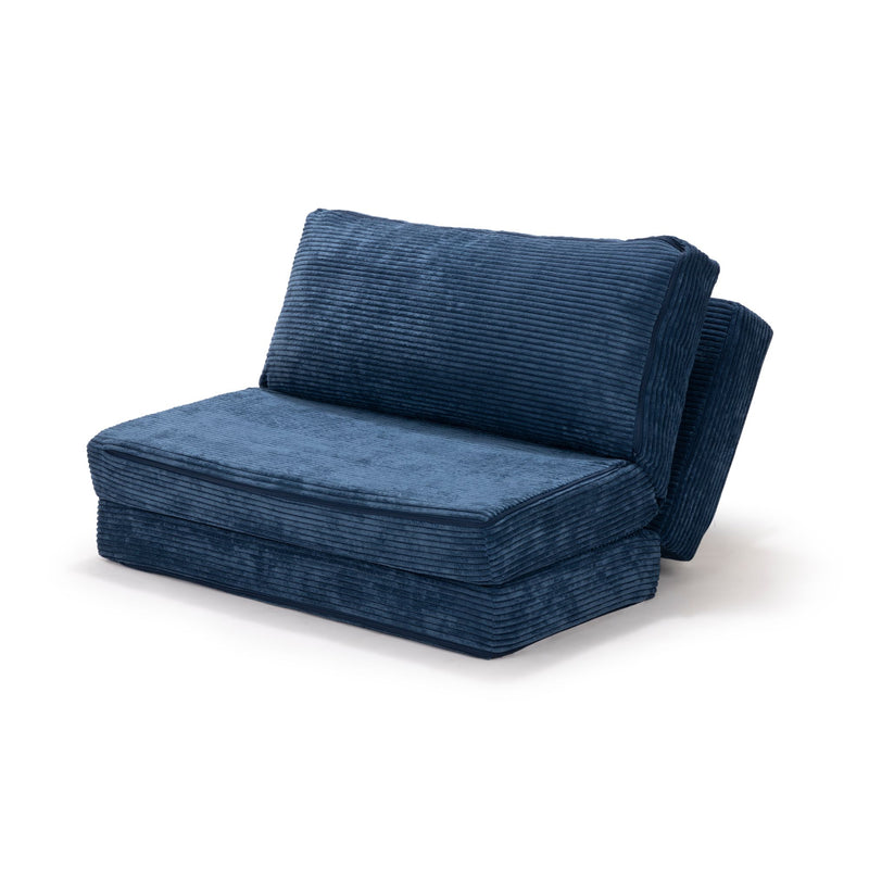 Blue foldable floor sofa chair with ribbed texture and adjustable backrest.