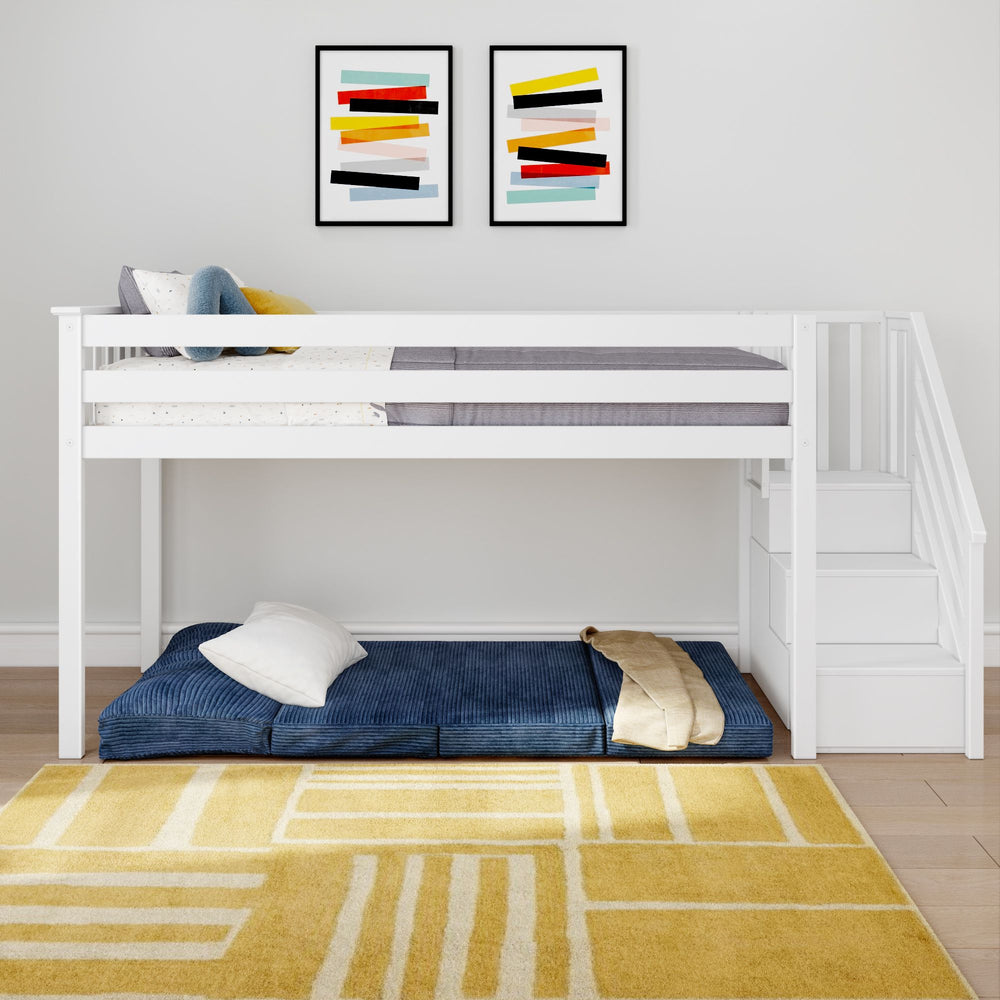 White loft bed with stairs and blue mattress on wooden floor, featuring modern artwork and yellow geometric rug in contemporary bedroom.