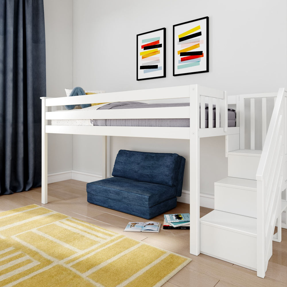 White loft bed with staircase in modern kids room, featuring blue chair and colorful wall art.