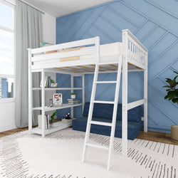 White loft bed with ladder and built-in shelves in modern bedroom with blue accent wall and natural light.