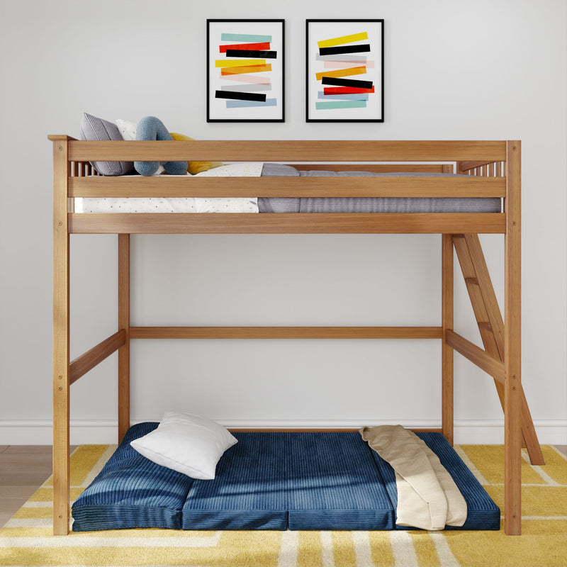 Children's wooden bunk bed with blue bottom mattress and colorful wall art in modern bedroom setting.