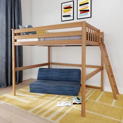 Wooden loft bed with ladder and blue couch underneath on yellow patterned rug in modern bedroom.