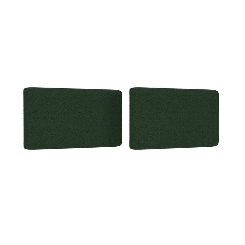 Pair of dark green rectangular sofa seat cushions with rounded corners and textured fabric upholstery on white background