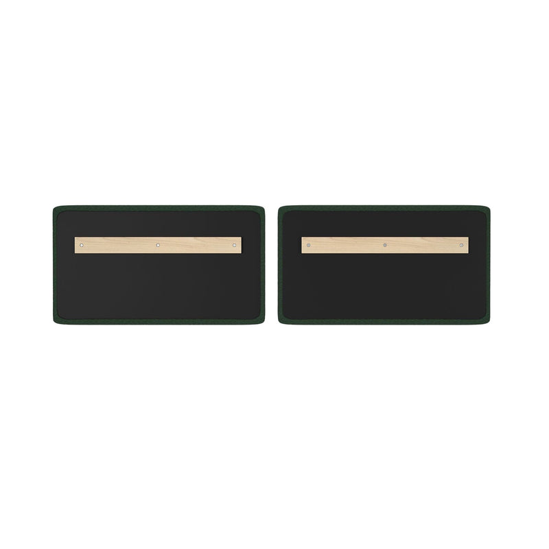 Pair of rectangular black acoustic wall panels with green fabric edging and light wood mounting bars for home studio or office soundproofing