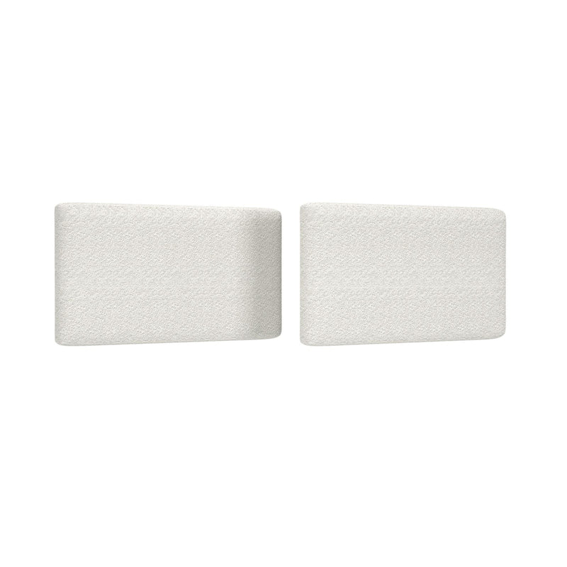 Pair of white rectangular boucle lumbar sofa cushions with textured upholstery fabric on a white background