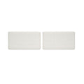 Set of two rectangular white bouclé sofa seat cushions with textured upholstery on white background
