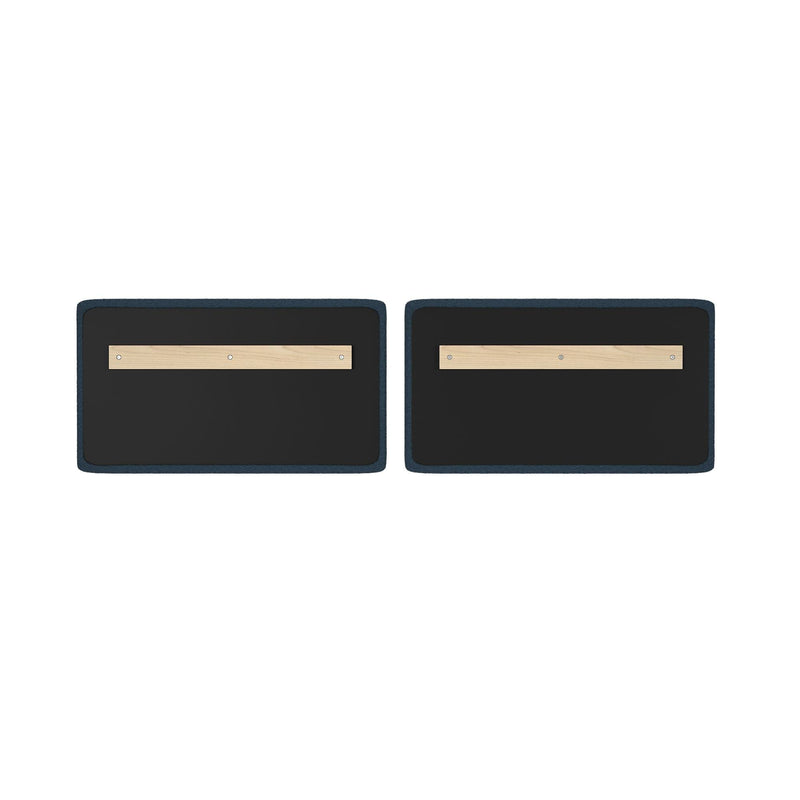 Set of 2 rectangular black fabric acoustic wall panels with navy trim and light wood mounting rails – sound-absorbing office or conference room wall panels