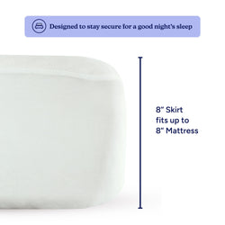 Mattress cover with 8-inch skirt designed for secure fit on 8-inch mattress, ensuring a good night's sleep.