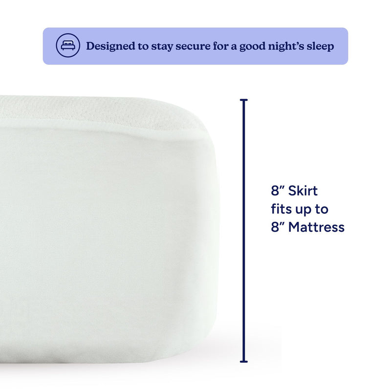 Mattress cover with 8-inch skirt designed for secure fit on 8-inch mattress, ensuring a good night's sleep.