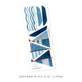Set of three large blue sailboat wall decals with abstract striped sails and wave shapes, peel-and-stick nautical nursery and kids' room decor, each boat 12.5 x 16 inches