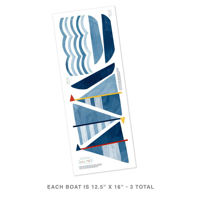 Set of three large blue sailboat wall decals with abstract striped sails and wave shapes, peel-and-stick nautical nursery and kids' room decor, each boat 12.5 x 16 inches