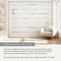 Nautical blue wave wall decals in a wallpaper-style layout on an 8 ft x 10 ft nursery wall, rows spaced 12 in apart, with cream armchair and wooden shelves for scale