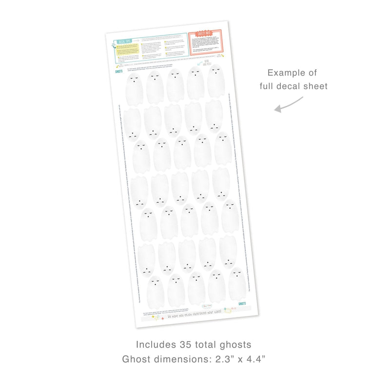 Full sheet of 35 white ghost nail decals for Halloween nail art — 2.3" x 4.4" peel-and-stick ghost nail stickers, water-resistant vinyl nail decals, cute minimalist ghost faces