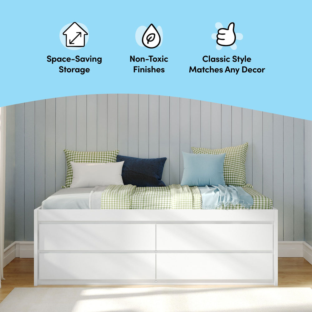 Children's storage bed with non-toxic finish features space-saving drawers and classic style matching any decor.