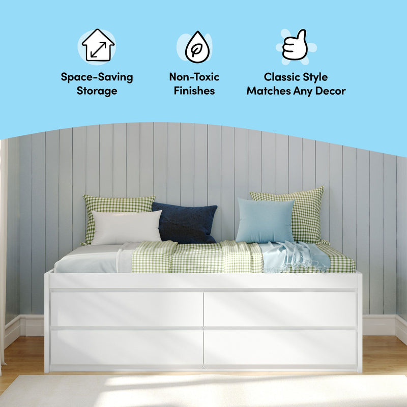 Children's storage bed with non-toxic finish features space-saving drawers and classic style matching any decor.