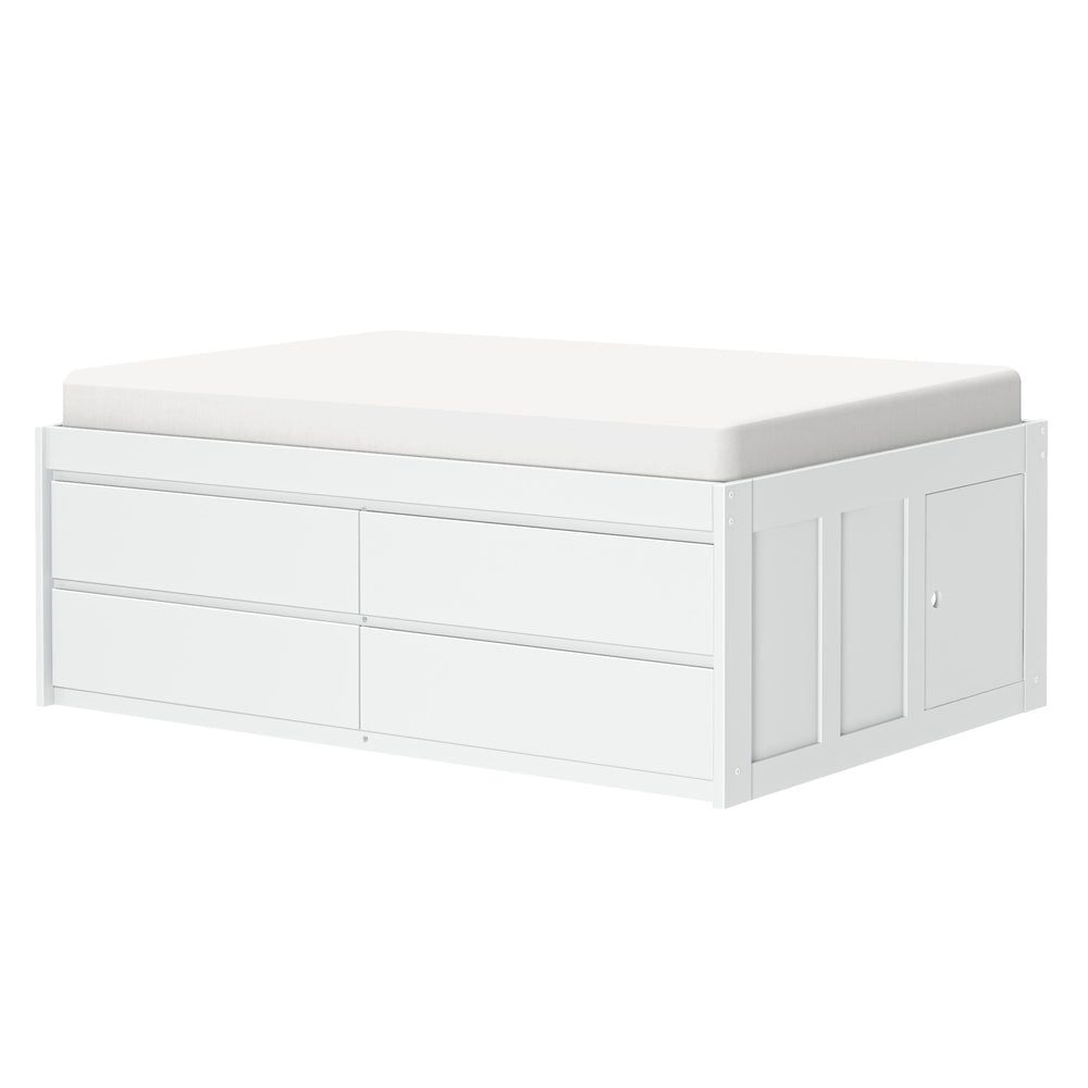 White modern storage bed with drawers and a cushioned top.