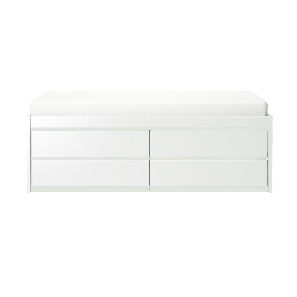 White modern storage bed with drawers and cushion mattress.