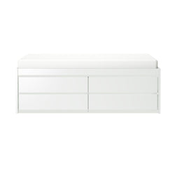 White modern storage bed with drawers and cushion mattress.