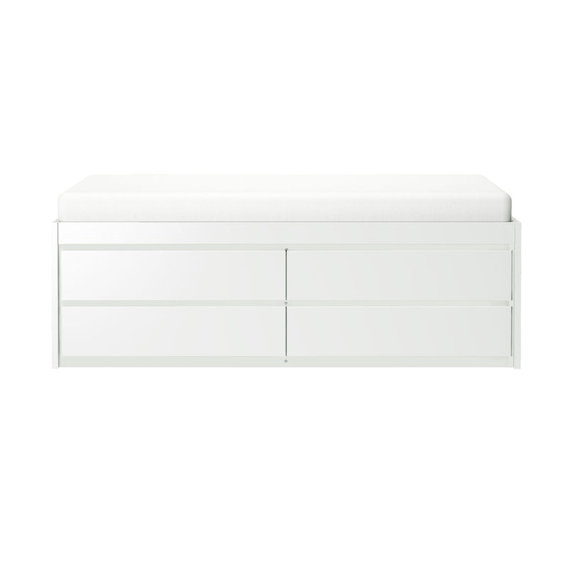 White modern storage bed with drawers and cushion mattress.