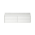 White modern storage bench with padded cushion and six drawers, minimalist bedroom or entryway dresser for organized storage