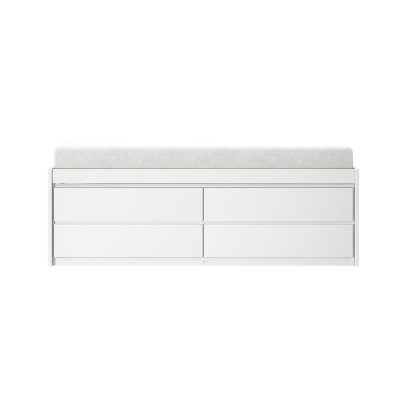 White modern storage bench with padded cushion and six drawers, minimalist bedroom or entryway dresser for organized storage