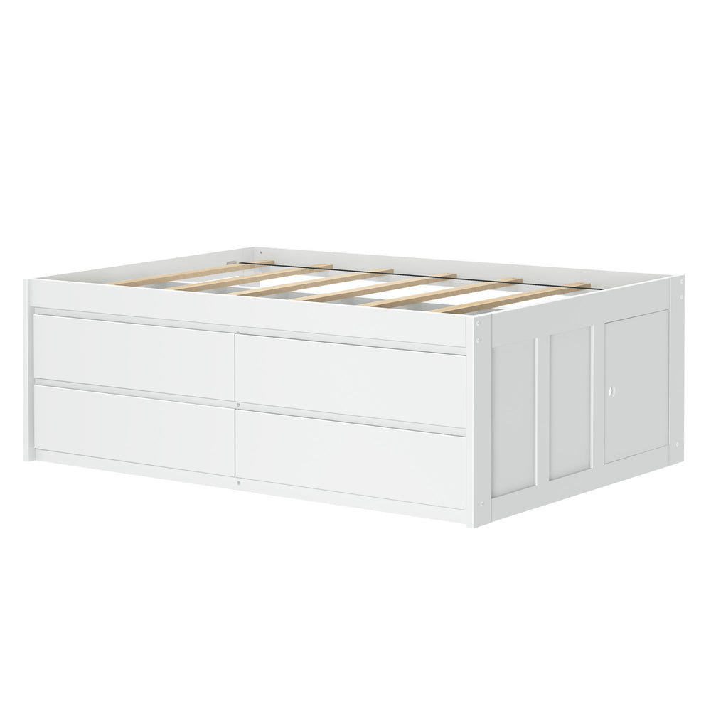 White wooden storage bed frame with four drawers for bedroom organization.