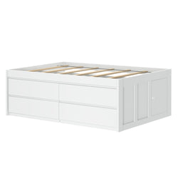 White wooden storage bed frame with four drawers for bedroom organization.