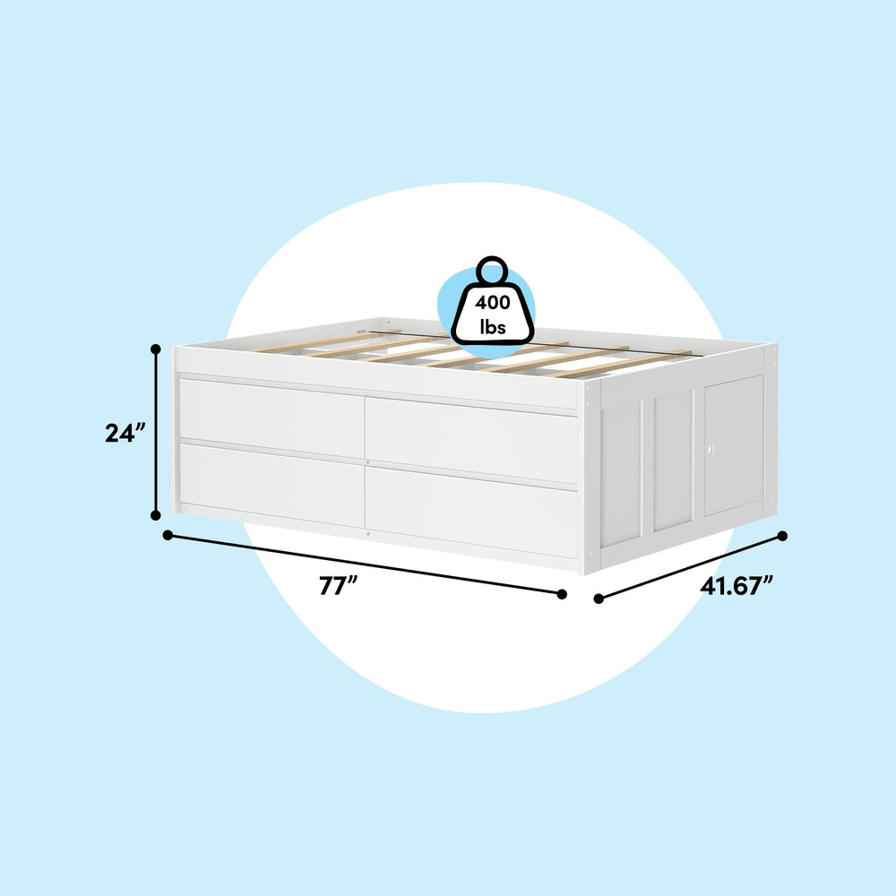 White wooden storage bed frame with dimensions 77 inches by 41.67 inches by 24 inches, supporting up to 400 lbs.