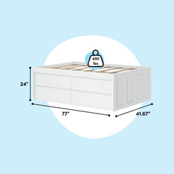White wooden storage bed frame with dimensions 77 inches by 41.67 inches by 24 inches, supporting up to 400 lbs.