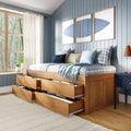 Wooden storage platform bed with multiple open pull-out drawers in a coastal blue paneled bedroom, plaid pillows, light blue throw, framed art and sunlit window