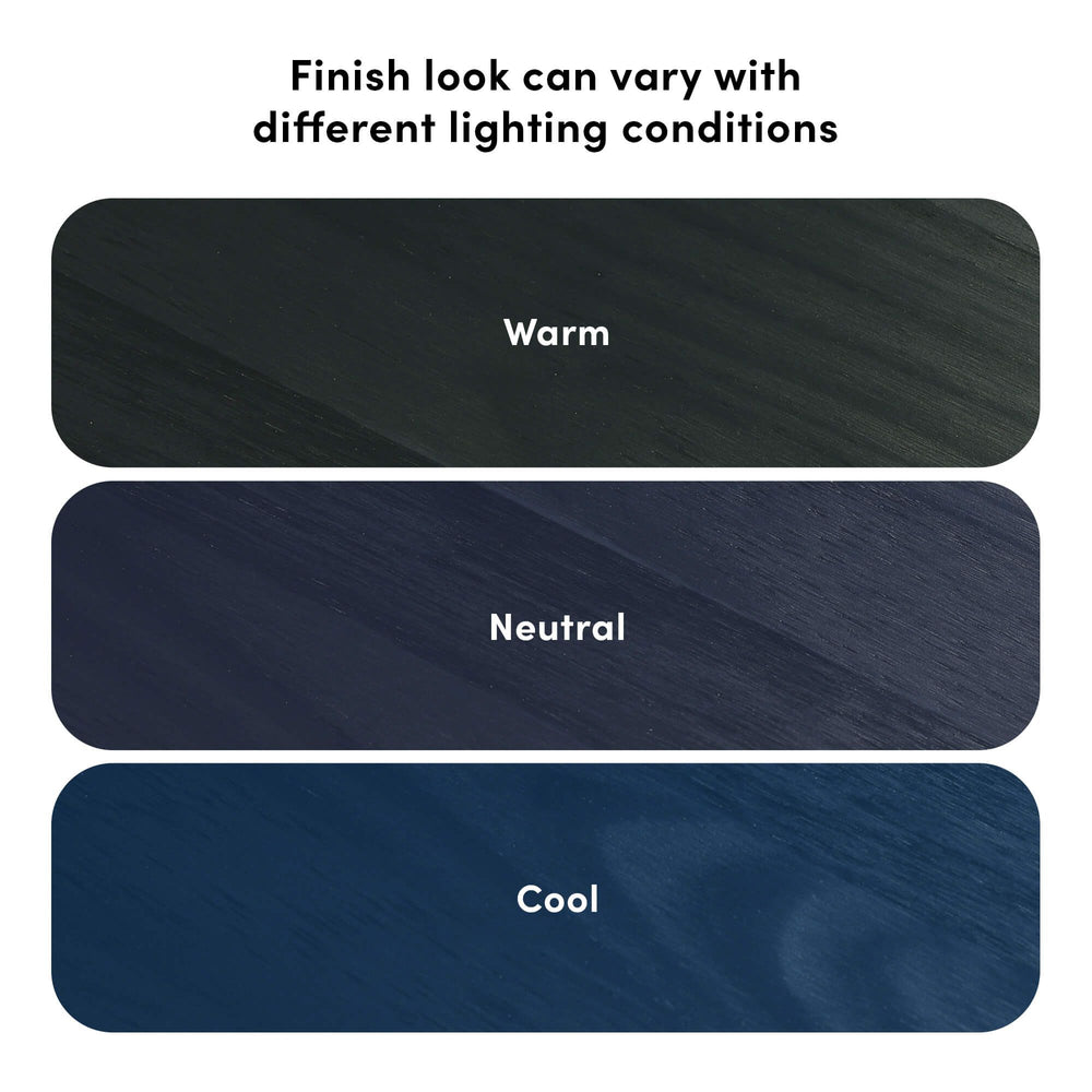 Wood finish variations in warm, neutral, and cool tones under different lighting conditions.
