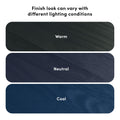 Wood finish color variations in three rounded swatches labeled Warm, Neutral, Cool, illustrating how lighting conditions affect appearance.