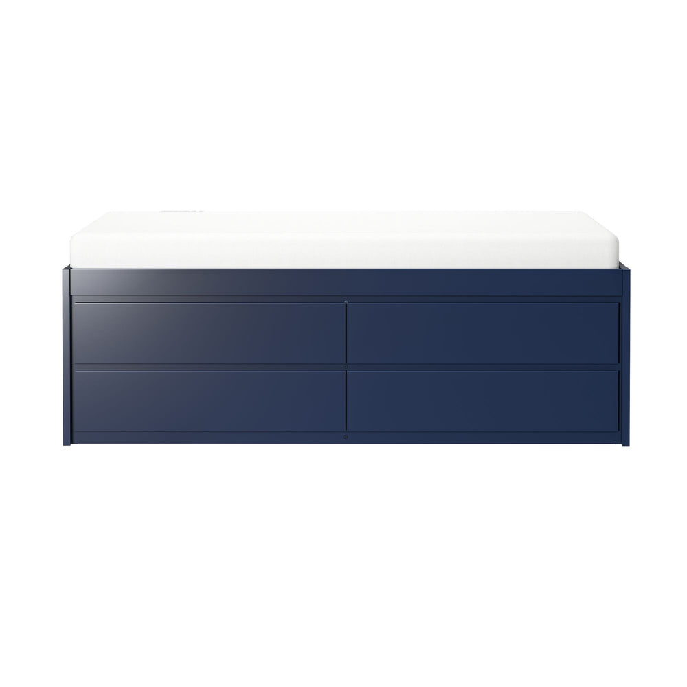 Blue twin bed frame with built-in storage drawers and white mattress.