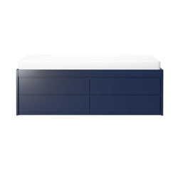 Blue twin bed frame with built-in storage drawers and white mattress.