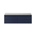 Modern navy blue six-drawer storage bench with white upholstered cushion for bedroom or entryway seating and hidden storage
