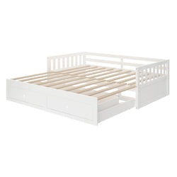 White wooden daybed frame with pull-out storage drawers.