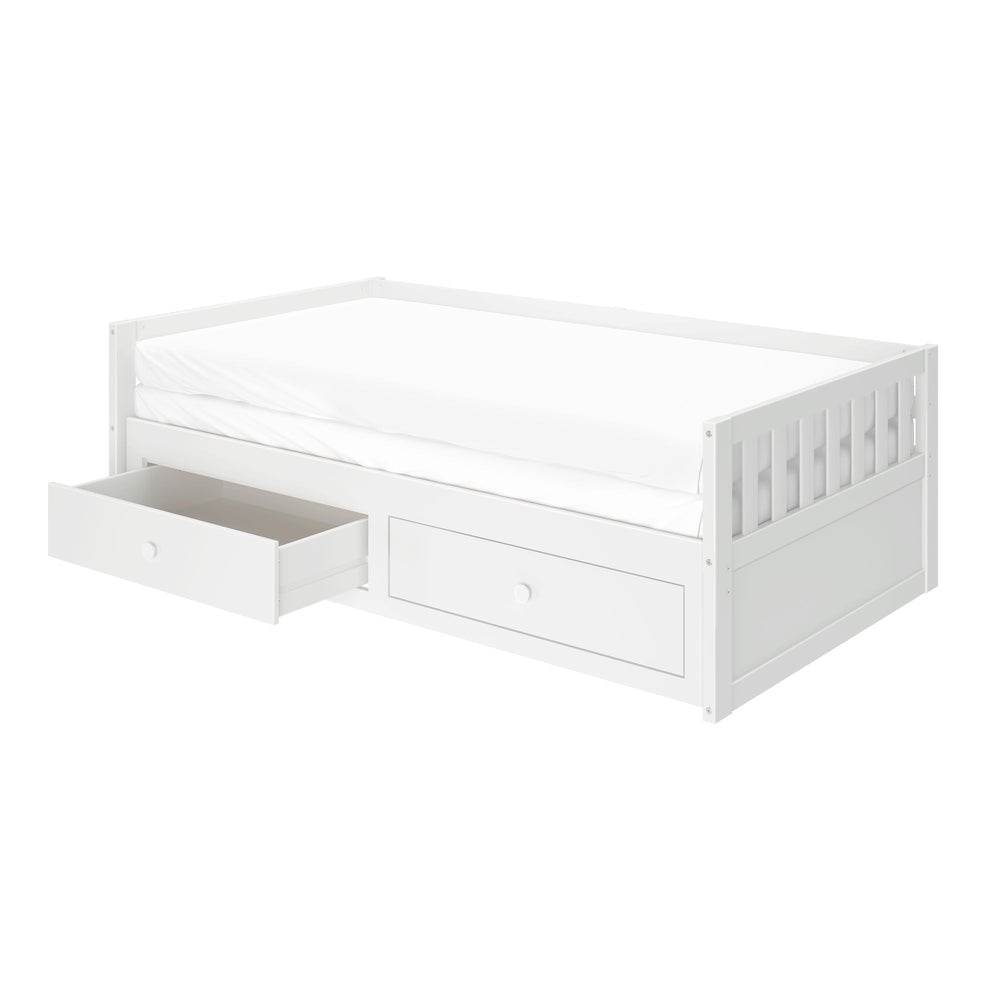 White daybed with storage drawers, perfect for small spaces and modern bedroom decor.