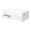 White wooden twin daybed with slatted side rails and underbed pull-out storage drawer, minimalist modern design
