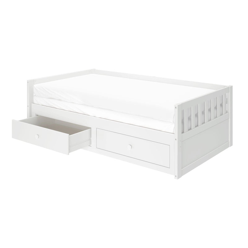 White wooden twin daybed with slatted side rails and underbed pull-out storage drawer, minimalist modern design