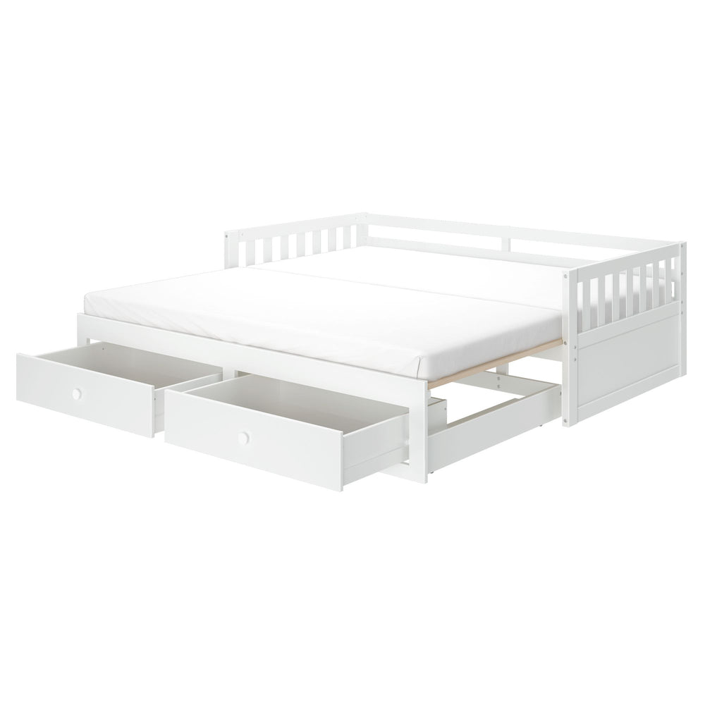 White wooden daybed with storage drawers and mattress, ideal for small spaces.
