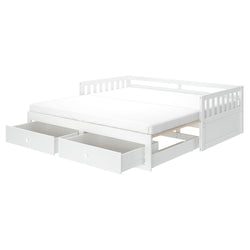 White wooden daybed with storage drawers and mattress, ideal for small spaces.