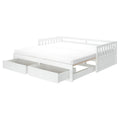 White wooden daybed with two underbed storage drawers and slatted back, modern space-saving bed frame with mattress for small bedrooms