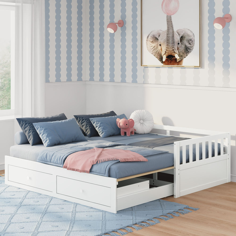 Contemporary kids' bedroom with white daybed featuring storage drawers, blue bedding, and elephant decor.