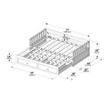 Twin platform bed frame assembly diagram with slatted mattress support, underbed storage drawers and guard rails, detailed dimensions in inches and cm