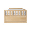 Solid wood toddler bed with vertical slatted headboard and white mattress, natural finish nursery bed frame