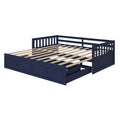 Navy blue wooden daybed frame with slatted mattress support and two under-bed storage drawers, space-saving bedroom furniture